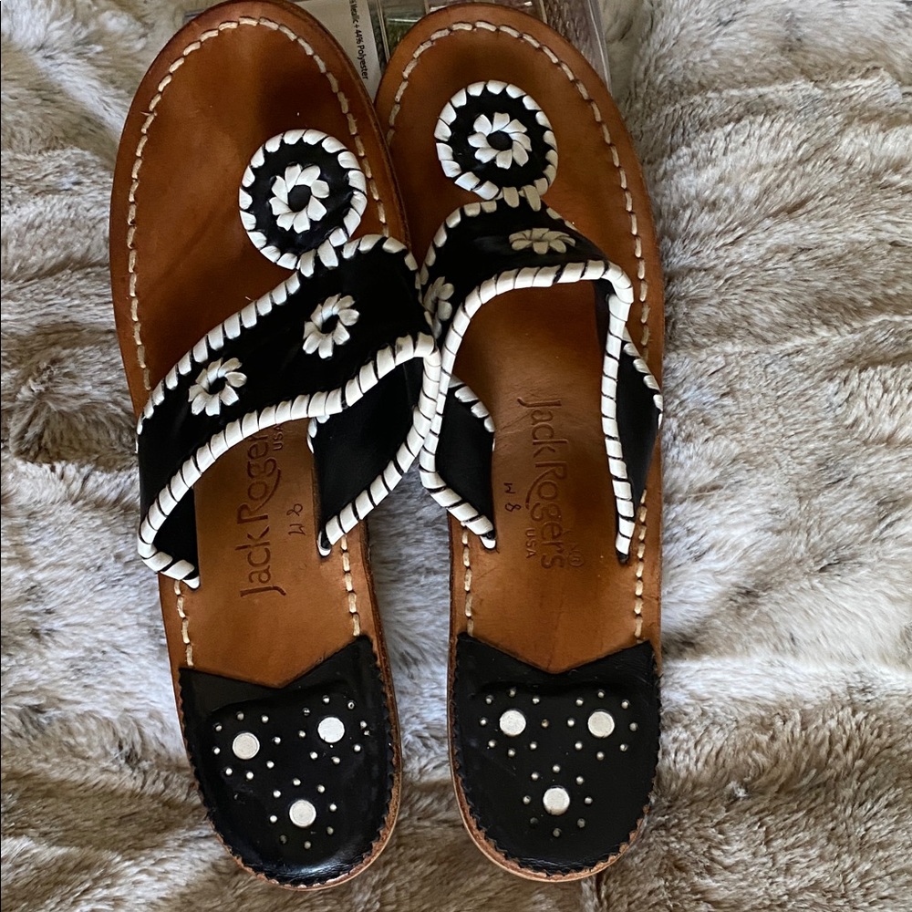 Jack Rogers Black and White Floral Sandals with stacked heel